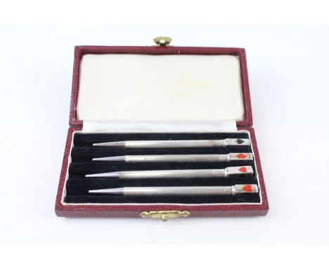 4 x .925 sterling cribbage pencils w/ enamel detail, fitted case etc 