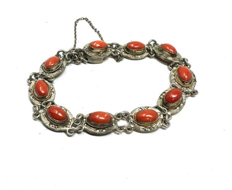 Vintage silver &amp; coral &amp; marcasite bracelet weight 12g 