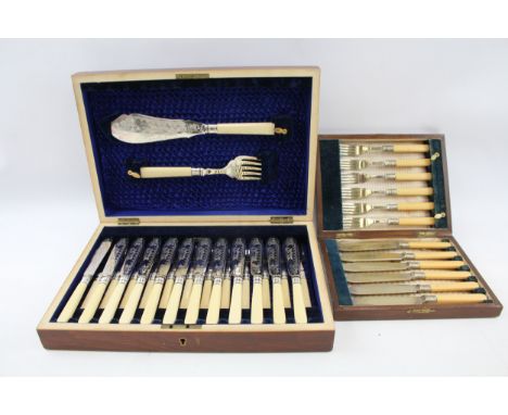 Vintage Cutlery Sets EPNS FishSets Ivorine Wooden Canteen w/ Fish Engraving x2 