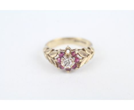 9ct gold vintage ruby &amp; diamond cluster ring with foliate patterned shoulders (as seen) 