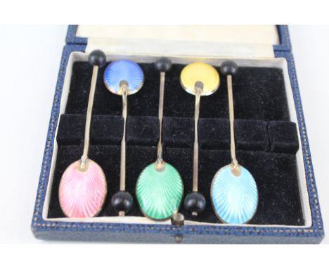 5 x .925 sterling guilloche enamel coffee bean spoons cased 