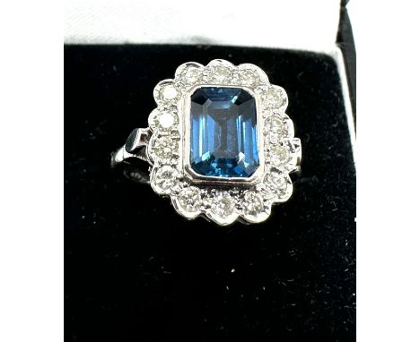 18ct white gold sapphire &amp; diamond ring sapphire measures approx 8mm by 6mm with diamond shoulders est .50 ct diamonds we