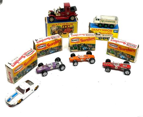 selection of vintage boxed diecast vehicles inc texaco scorchers 2 with matching boxes 1 box with odd car  boxed matchbox y-1