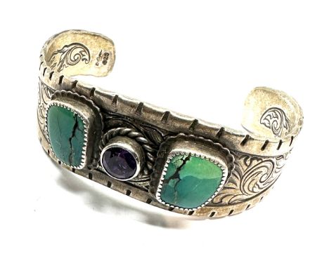Vintage silver turquoise and amethyst signed navajo bangle weight 65g 