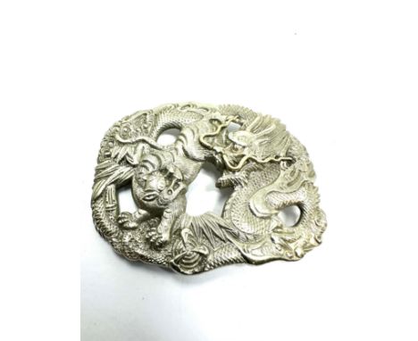 vintage silver chinese dragon buckle measures approx 6cm by 5cm 