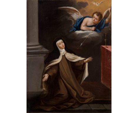 Spanish school; mid-17th century."The Transverberation of Saint Teresa of Jesus".Oil on copper.Measurements: 21,5 x 16,5 cm; 