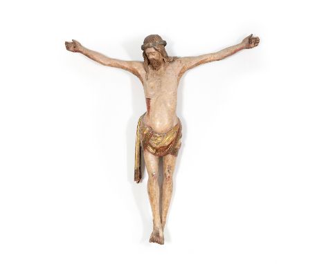 Gothic Christ, 15th century.Carved and polychrome wood.Measurements: 154 cm (height) x 148 cm (width).Round figure carved in 