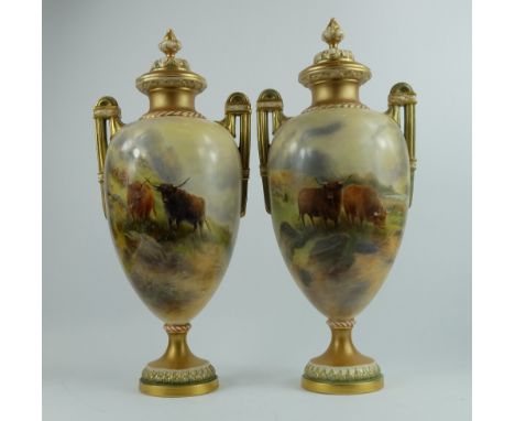 Pair Royal Worcester two handled vases and covers decorated with Highland Cattle by John Stinton, height 37cm (restoration to