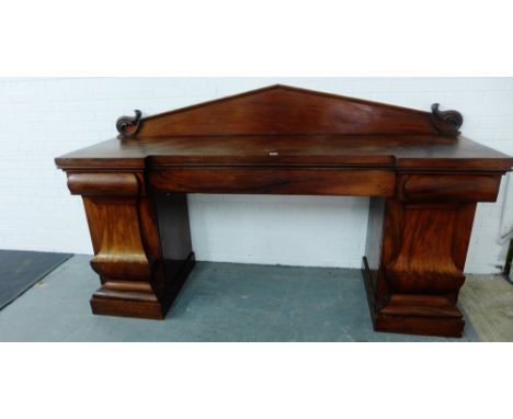 19th century mahogany pedestal sideboard, with an architectural ledgeback and cushion fronted drawers, 140 x 235cm 