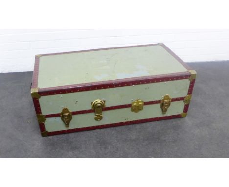 Vintage brass bound travel trunk, 35 x 100cm 