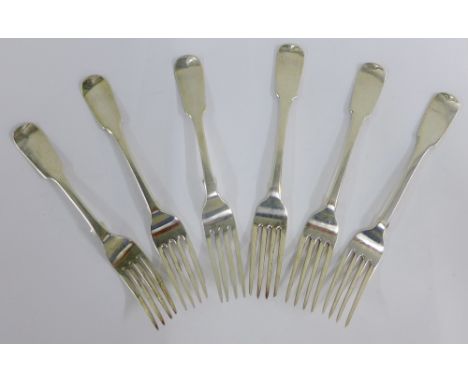 Victorian set of five silver table forks with maker marks for James McKay,  Edinburgh 1854 together with a Glasgow silver tab