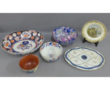 English blue and white pearl ware feather edged dish drainer, together with an Imari dish and Ewenny Welsh pottery bowl, etc.