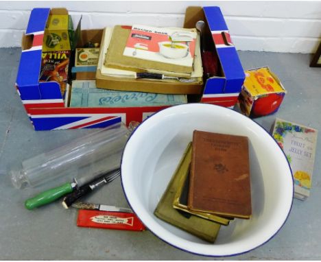 Carton of vintage Kitchenalia to include an etched glass rolling pin, enamel bowl, recipe books, jelly set etc., (a large lot