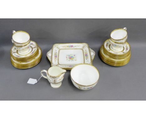 Wedgwood twelve place porcelain teaset with floral borders and gilt edged rims comprising twelve cups, twelve saucers, twelve