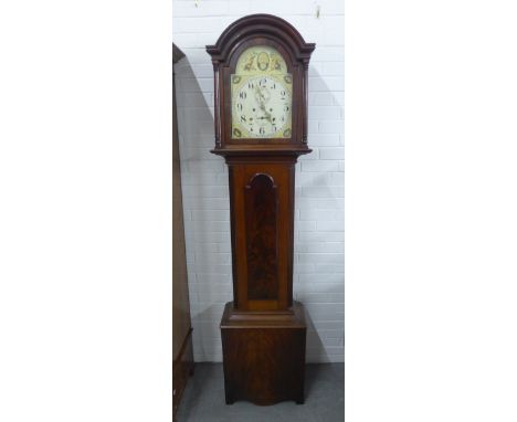 19th century mahogany longcase clock, the arched top over a painted 12" dial with Roman numerals and two subsidiary dials, fl