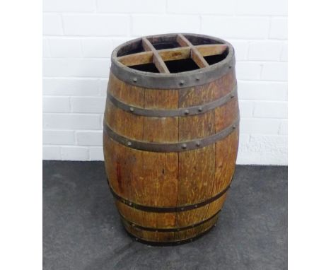 Oak and metal bound barrel stick stand, 62 x 37cm 