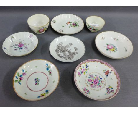 Two floral patterned saucers and one Hancock tea party saucer, circa. 1770, Caughley 'Roses' pattern tea bowl and saucer, a W