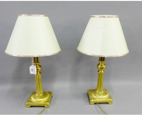 Pair of faux brass table lamp bases and shades, (2) 