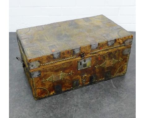 Leather covered trunk with brass stud work,  28 x 56cm 