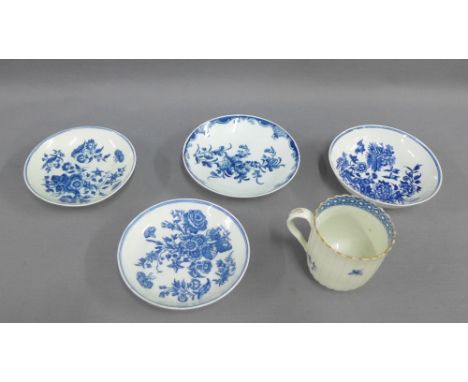 18th century pearl ware to include four various floral patterned saucers and a fluted cup with gilt edged rim, three with blu