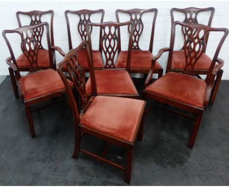Set of eight mahogany Chippendale style chairs with pierced splat backs and upholstered seats, to include a pair of carver ch