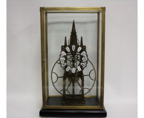 AN EARLY 21ST CENTURY GLASS CASED GREAT WHEEL SKELETON CLOCK, overall case dimensions W 34 cm, H 54 cm, D 23 cm