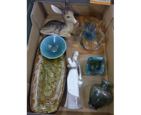 A Midwinter fawn, a Jill Pryke designed dragon dish, three items of glass, Poole dish and Sitzendorf figure 