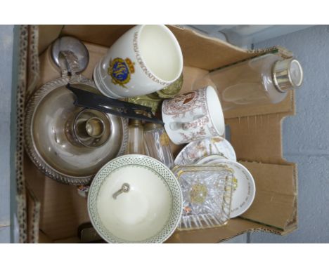 A brass inkwell, chamber stick, travel cup, royal commemorative china, ashtrays and a small, musical occasional games table *