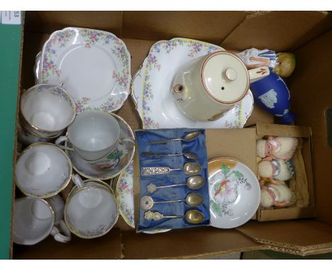 A six setting Crown china 'Maytime' tea set, a Japanese tea for two set, a Wedgwood vase, a teapot, three 1930's doll egg cos