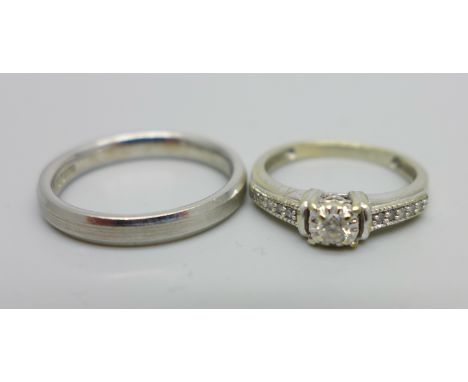 Two 9ct gold rings - a plain band ring, 3.1g, N, and an 11 stone diamond ring, 1.8g, J 