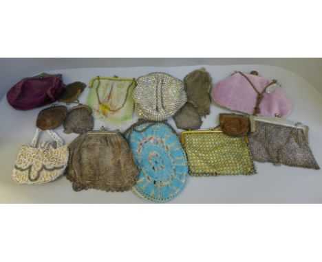 A collection of vintage purses, seven chainmail and Art Deco style 