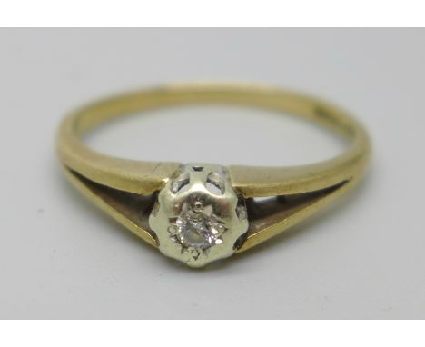 A 9ct gold solitaire ring set with a diamond, 2g, Q 