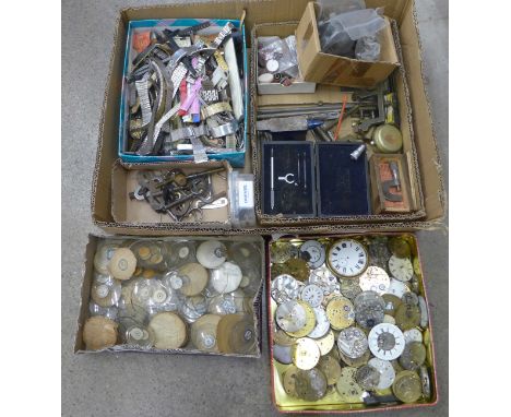 A box of watch movements, watch glasses, watch straps, tools, etc. 