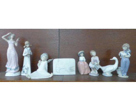 Six Lladro, Nao and other Spanish figures of children and a young girl, a Lladro Collector's Society plaque and a goose, one 