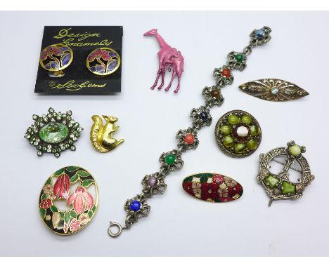 A collection of costume jewellery including a pair of cloisonne clip on earrings and a celtic style bracelet 