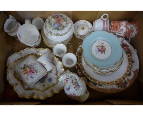 A box of Royal Crown Derby cups, saucers, side plates and dinner plates and other decorative china 