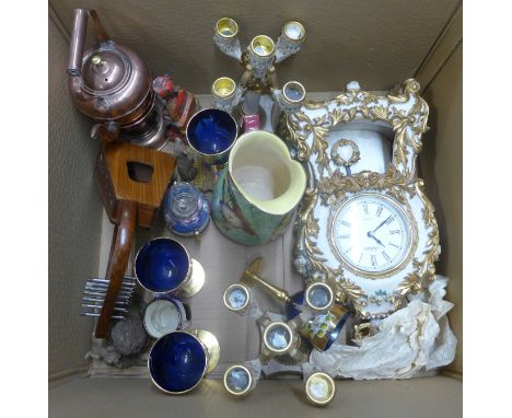 A Tunstall Art Deco jug, a clock garniture, a spirit burner, a small harp, blue glasses, etc. **PLEASE NOTE THIS LOT IS NOT E