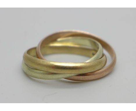 A 9ct gold multi band tri-colour ring, 2.6g, G 