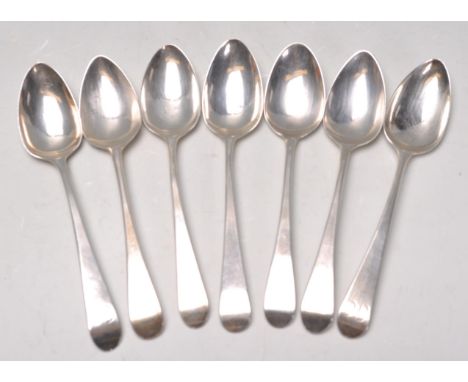 A good set of seven late 18th Century Georgian silver hallmarked tea spoons, with each one bearing a 'H' monogram to the hand