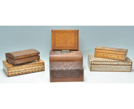 A good collection of jewellery / trinket boxes dating from the early 20th Century to include a leather cased example with gre