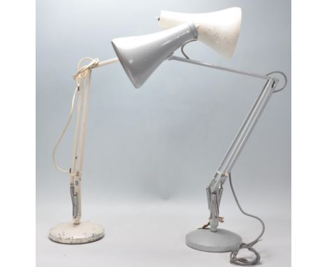 Two vintage retro 20th Century Industrial Herbert Terry anglepoise desk / table lamps. One in a white colourway model number 