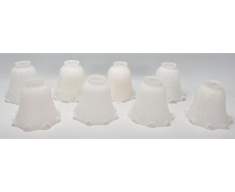 A matching set of eight early 20th Century Art Deco antique vintage glass light lamp / ceiling shades of conical frosted glas