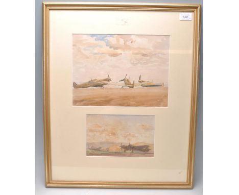 Military interest - a WWII Second World War pair of watercolour paintings depicting WWII Spitfires and a Lancaster Bomber bei