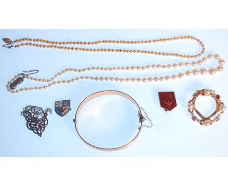 A 925 silver Art Nouveau necklace pendant and chain. The pendant inset with amethyst together with a rolled gold bracelet and