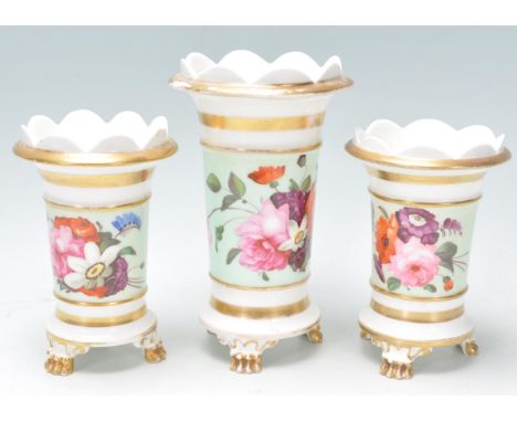 A 19th century Victorian porcelain 3 piece garniture vase set in the manner of Minton. Each of tapering conical form set with