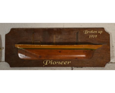 A collection of 3 wooden painted half hulls. To include Hope Town, Pioneer - Broken up 1919 and Kermes Bristol 1865. All on w