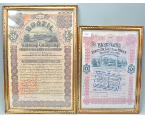 A pair of antique late 19th / early 20th century Railway share certificates - the first for the Brazil Railway Company and th