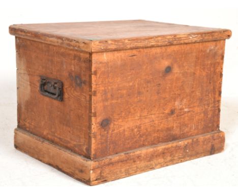 A good 19th Century Victorian pine trunk / blanket box chest of square form fitted with a hinged lid and swing carrying handl
