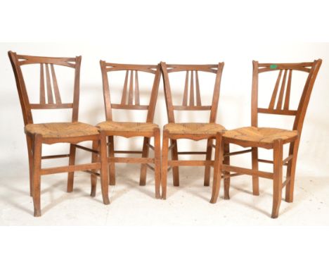 A set of 6 French early 20th century beech and rattan weave dining chairs. Raised&nbsp; on squared legs with stretchers suppo