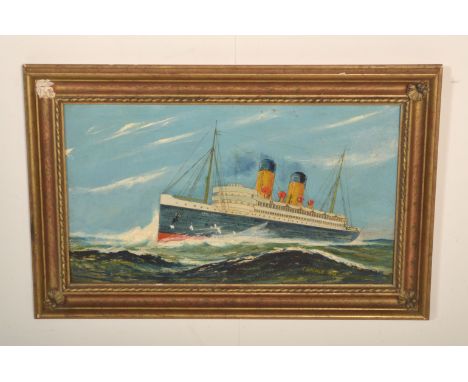 An early 20th Century oil on board painting of the HMT Royal Edward passenger steamship at sea. The ship was sunk during the 
